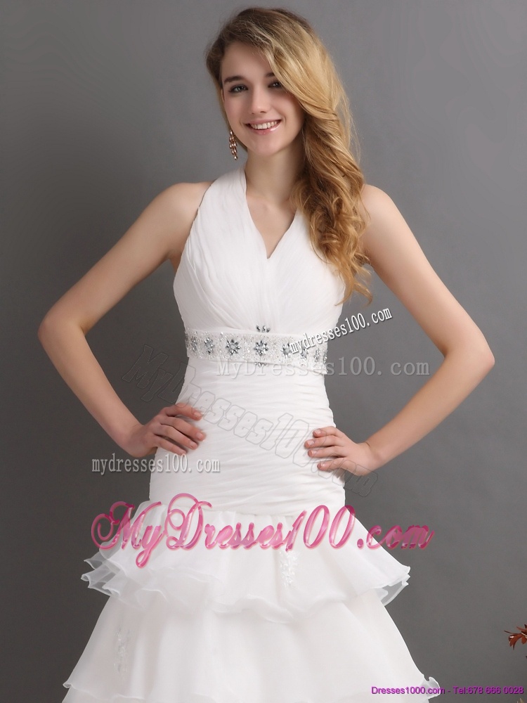 White Halter Top Beading Wedding Dresses with Ruffled Layers and Brush Train