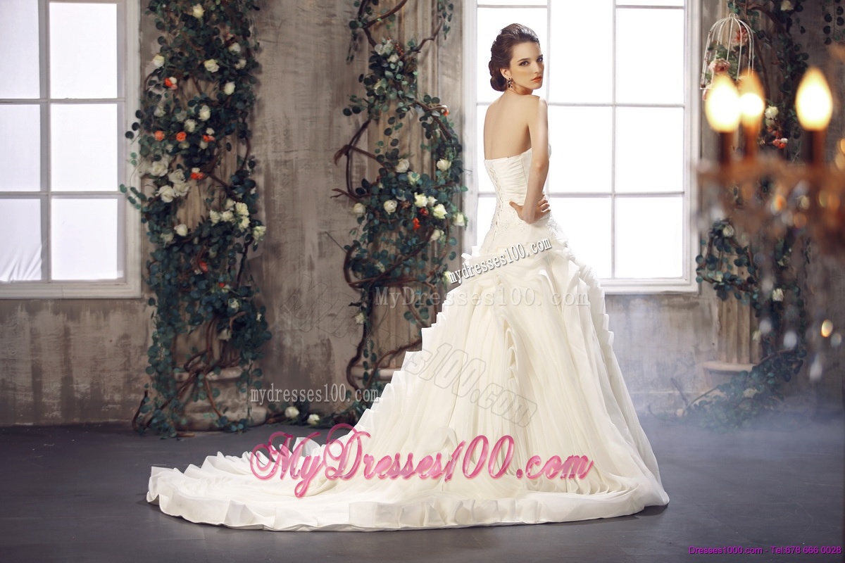 White Strapless Wedding Dresses with Chapel Train and Beading