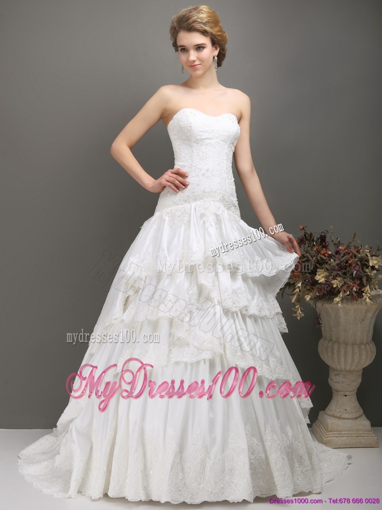 White Sweetheart Brush Train Wedding Dresses with Ruffled Layers