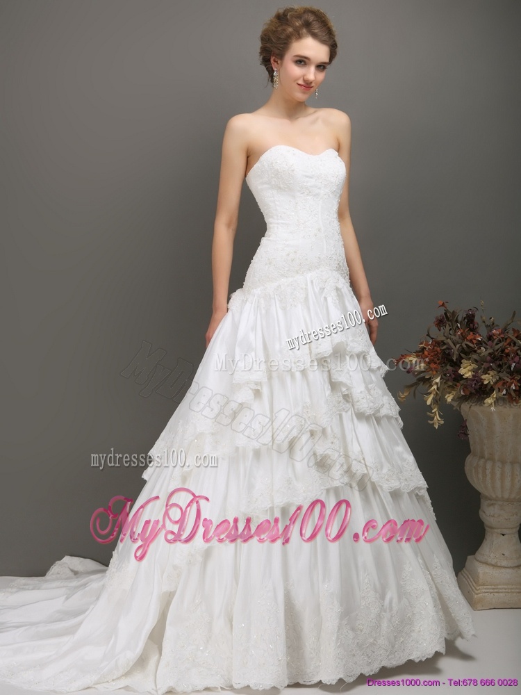 White Sweetheart Brush Train Wedding Dresses with Ruffled Layers
