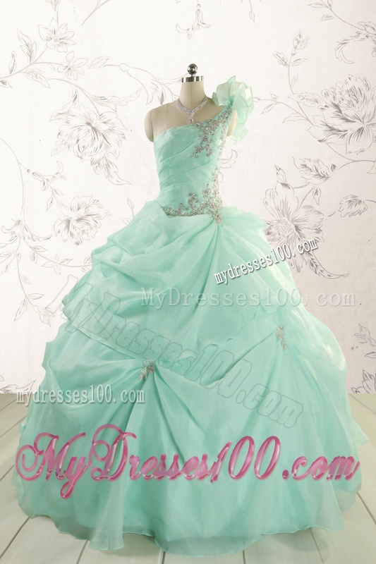 2016 Apple Green One Shoulder Cheap Quinceanera Dresses with Appliques