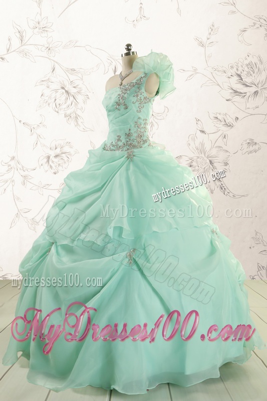 2016 Apple Green One Shoulder Cheap Quinceanera Dresses with Appliques