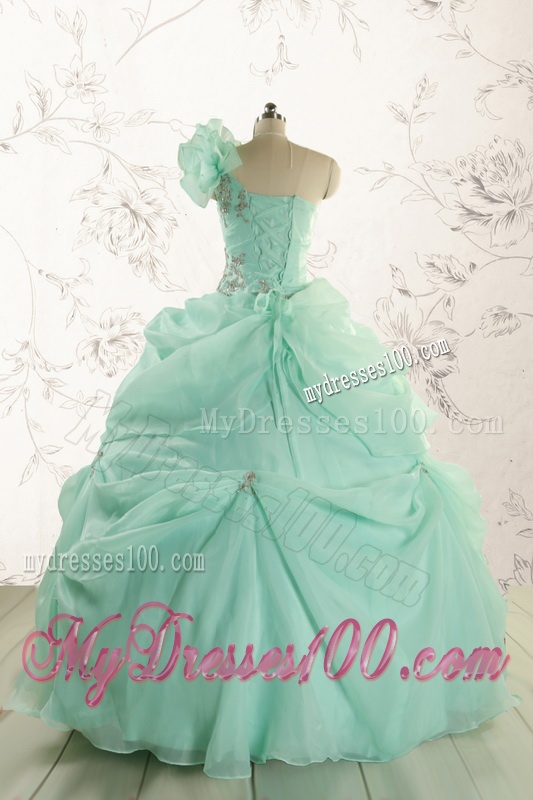 2016 Apple Green One Shoulder Cheap Quinceanera Dresses with Appliques