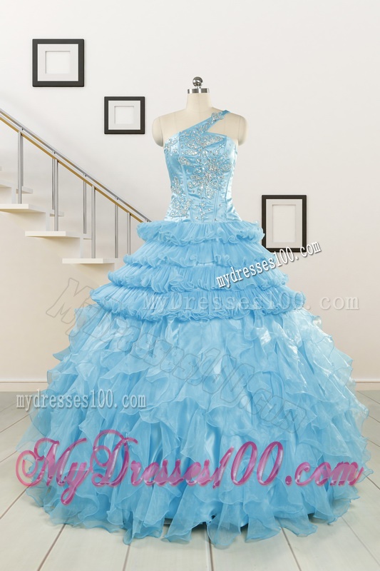 2016 Baby Blue One Shoulder Sweet 15 Dresses with Beading