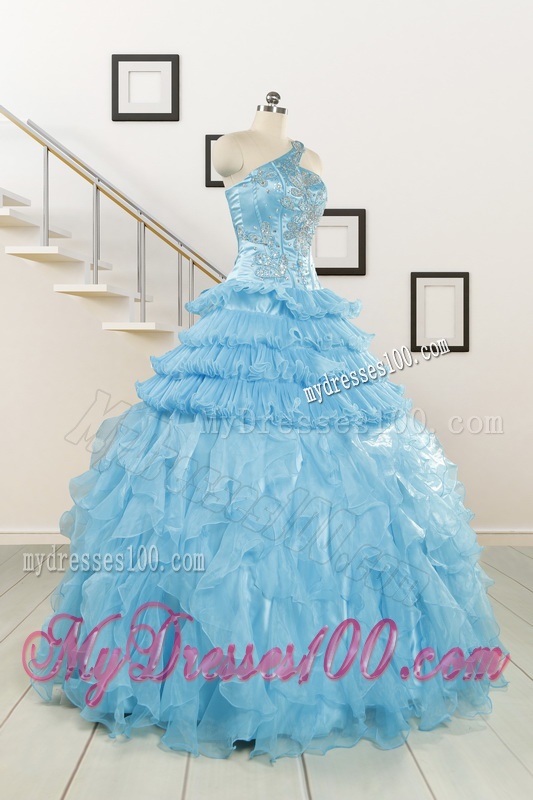 2016 Baby Blue One Shoulder Sweet 15 Dresses with Beading