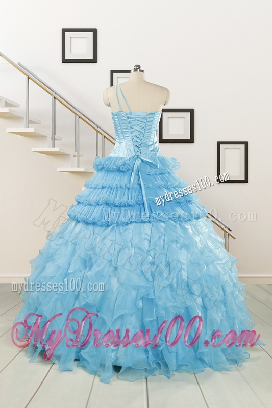 2016 Baby Blue One Shoulder Sweet 15 Dresses with Beading