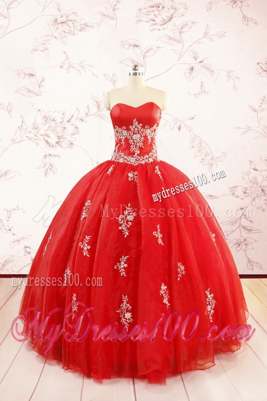2016 Ball Gown Sweetheart Appliques Quinceanera Dresses in Red
