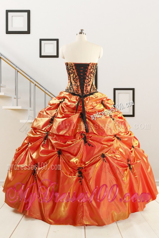 2016 Cheap Appliques Quinceanera Dresses in Orange Red and Black