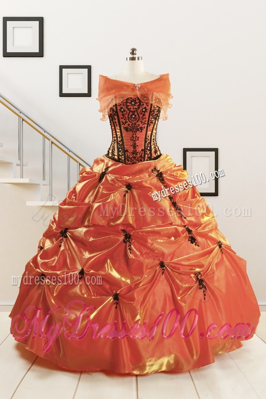2016 Cheap Appliques Quinceanera Dresses in Orange Red and Black
