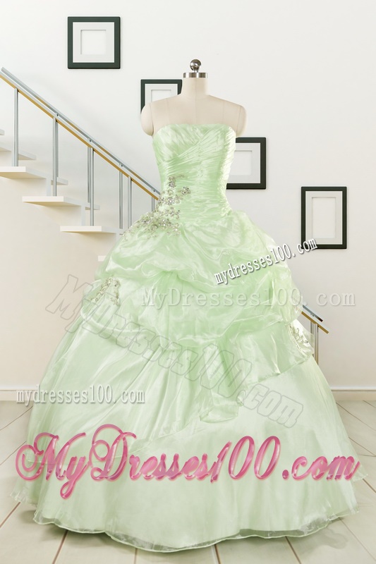 2016 Cheap Beading Strapless Yellow Green Quinceanera Gowns