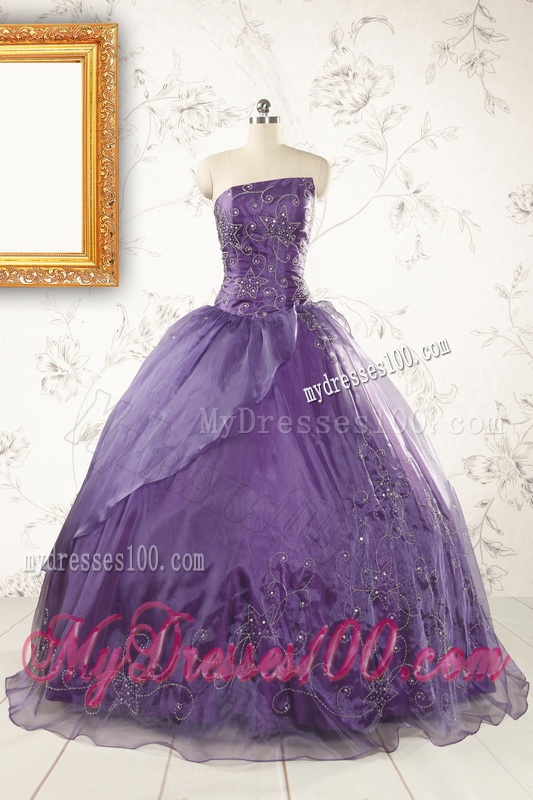 2016 Discount Purple Strapless Appliques Quinceanera Dresses