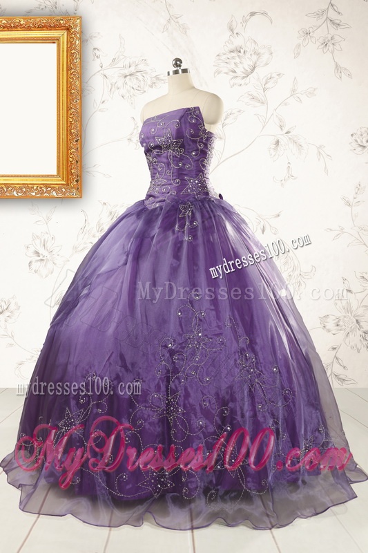 2016 Discount Purple Strapless Appliques Quinceanera Dresses