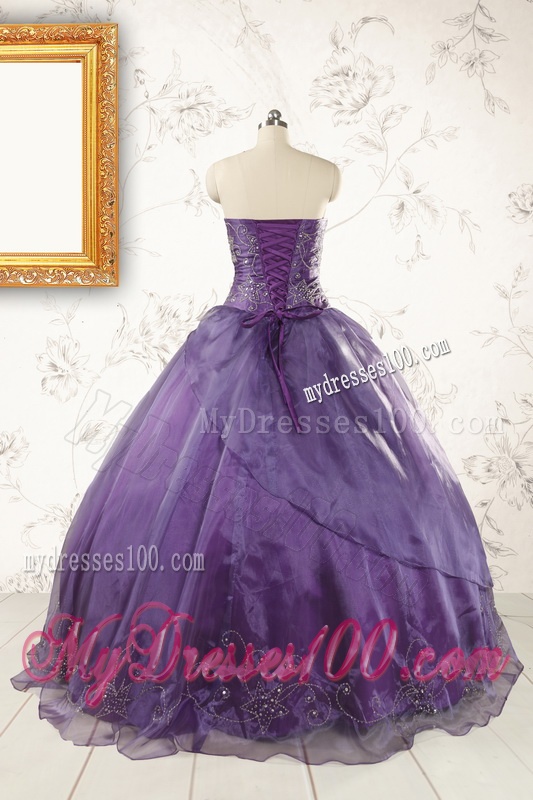 2016 Discount Purple Strapless Appliques Quinceanera Dresses
