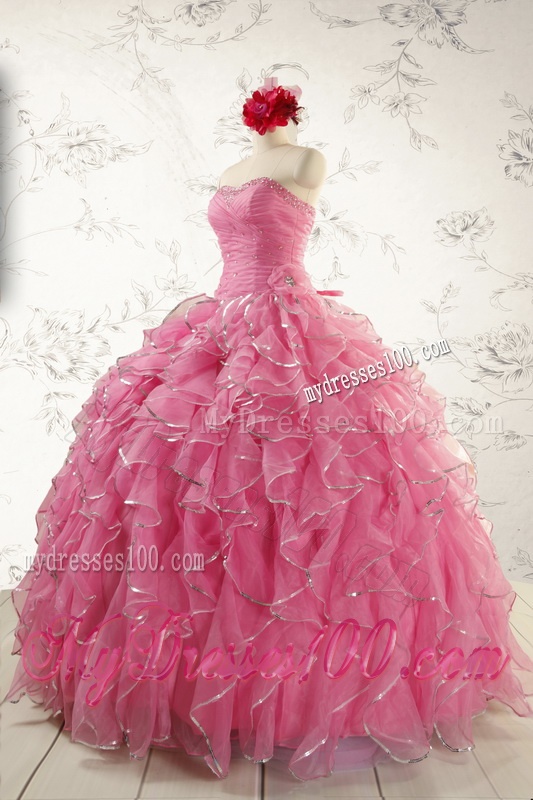 2016 Pretty Beading Quinceanera Dresses in Rose Pink