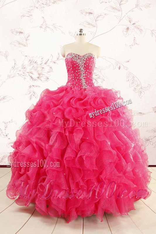 2016 Pretty Beading Sweet 15 Dresses in Hot Pink