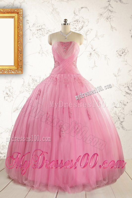 2016 Pretty Pink Quinceaneras Dresses with Appliques and Beading