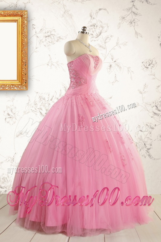 2016 Pretty Pink Quinceaneras Dresses with Appliques and Beading