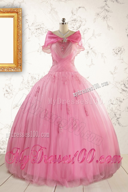 2016 Pretty Pink Quinceaneras Dresses with Appliques and Beading