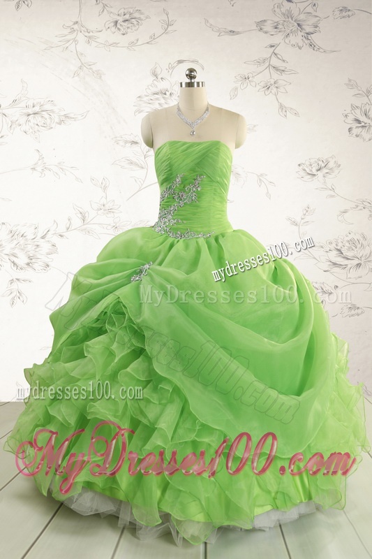 2016 Puffy Strapless Appliques Quinceanera Dresses in Spring Green