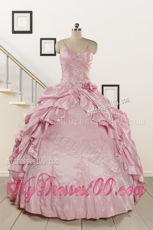 2016 Sweet Spaghetti Straps Beading Pink Quinceanera Dresses