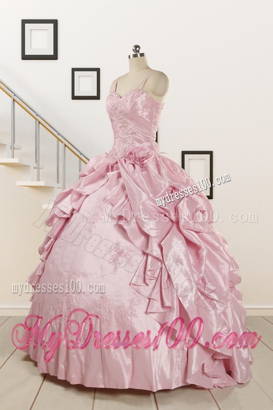 2016 Sweet Spaghetti Straps Beading Pink Quinceanera Dresses