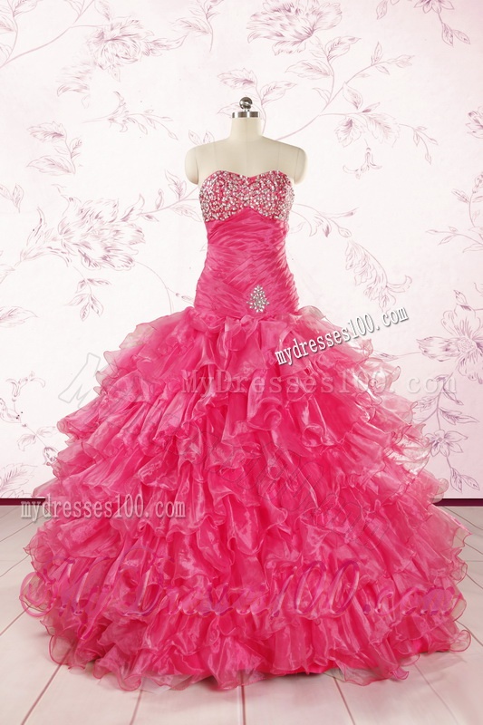 2016 Sweetheart Sequins Ruffles Unique Hot Pink Quinceanera Dresses
