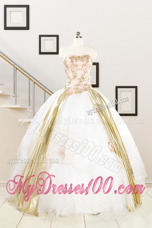 Cheap Strapless White Quinceaneras Dresses with Appliques