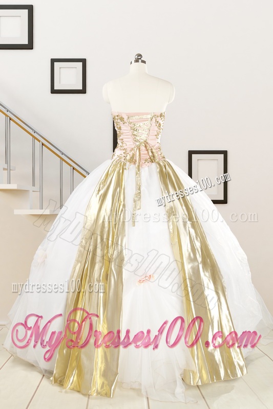 Cheap Strapless White Quinceaneras Dresses with Appliques
