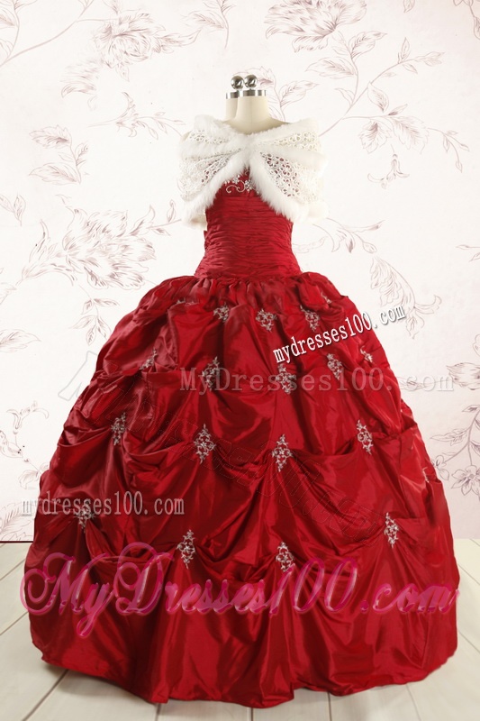 Discount Strapless Wine Red Appliques Quinceanera Dresses for 2016