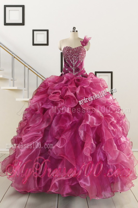 Exclusive Beading One Shoulder Sweet 16 Dresses in Fuchsia