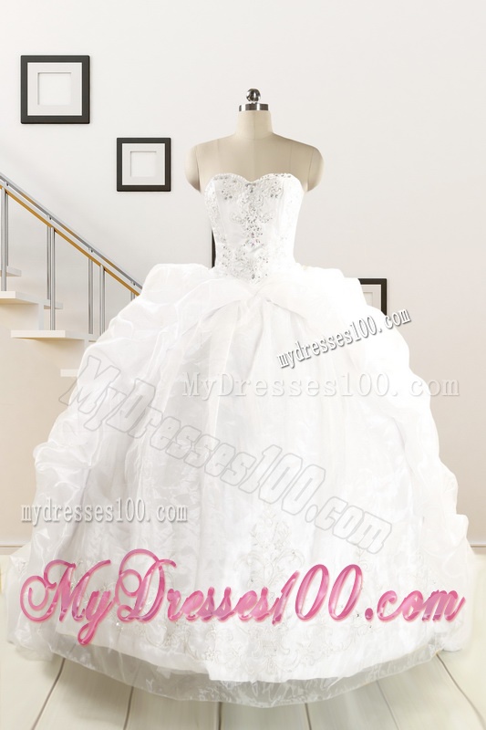 Exquisite Appliques White Brush Train Quinceanera Dresses for 2016