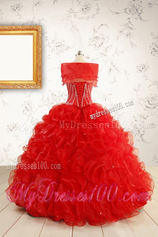 Exquisite Beading and Ruffles Red Quinceanera Gowns with Wrap for 2016