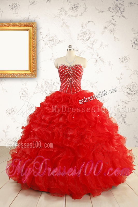 Exquisite Beading and Ruffles Red Quinceanera Gowns with Wrap for 2016