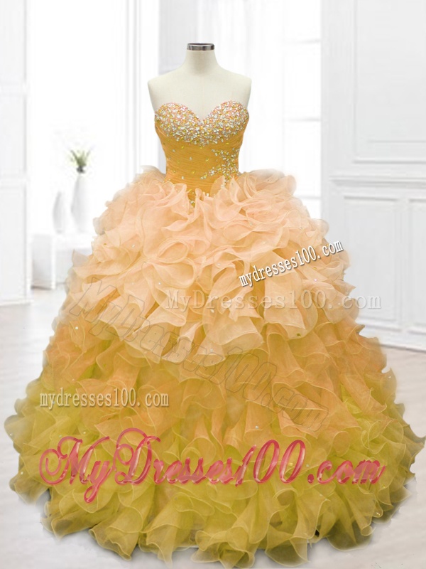 Fashionable Sweetheart Beading and Ruffles Quinceanera Dresses in Gold