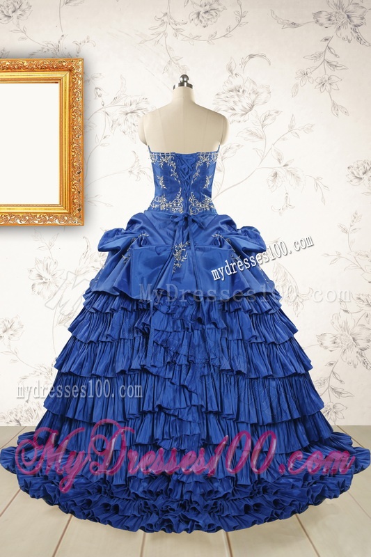 Modern Brush Train Appliques Sweet 15 Dresses in Royal Blue