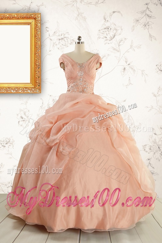 New Style Beading Quinceanera Dresses in Peach For 2016