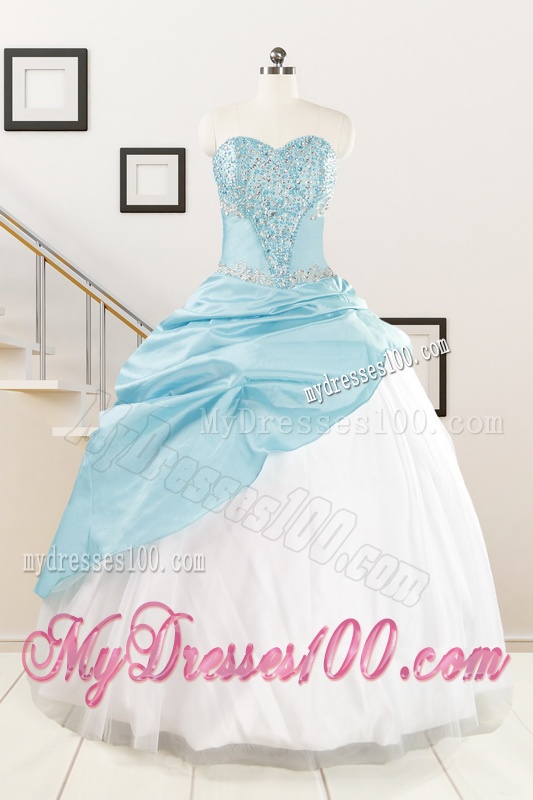 Pretty Beading Blue and White Quinceanera Dresses for 2016