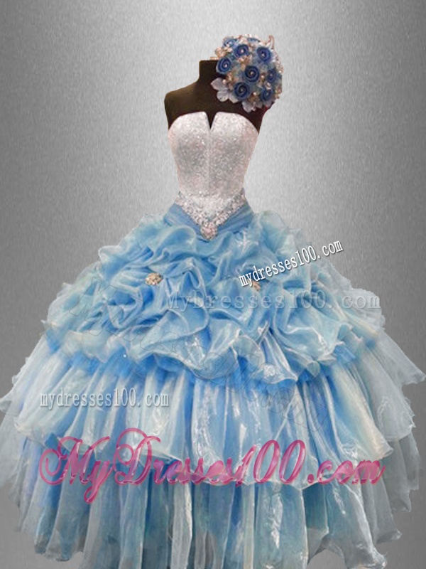 Pretty Strapless Beaded Quinceanera Gowns with Ruffled Layers