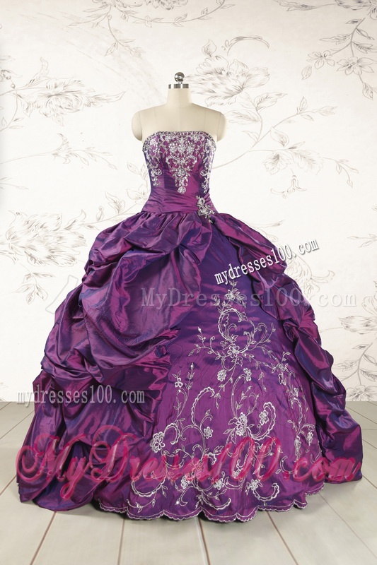 Purple Strapless 2016 Quinceanera Dresses with Embroidery
