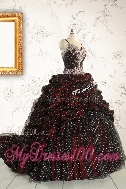 Wonderful Spaghetti Straps Appliques Sweet 15 Dresses in Burgundy