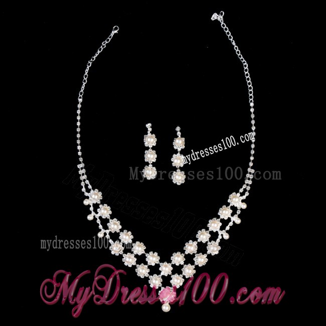 Elegant Pearl With Rhinestone Wedding Jewelry Set Including Necklace And Earrings