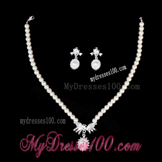 Ivory Pearl Alloy Plated Ladies Necklace and Earrings Jewelry Set