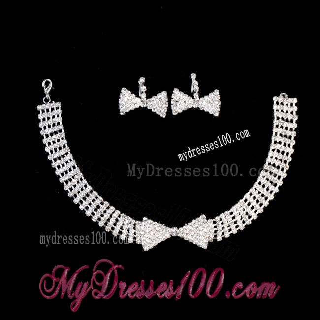 Lovely Bowknot Shaped Rhinestone Bridal Jewelry Set Necklace With Earrings