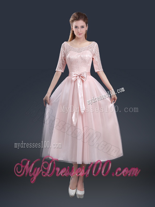 2016 Elegant Tea Length Evening Dresses with Lace and Bowknot