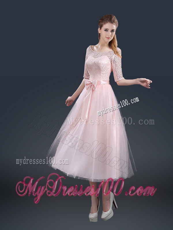 2016 Elegant Tea Length Evening Dresses with Lace and Bowknot