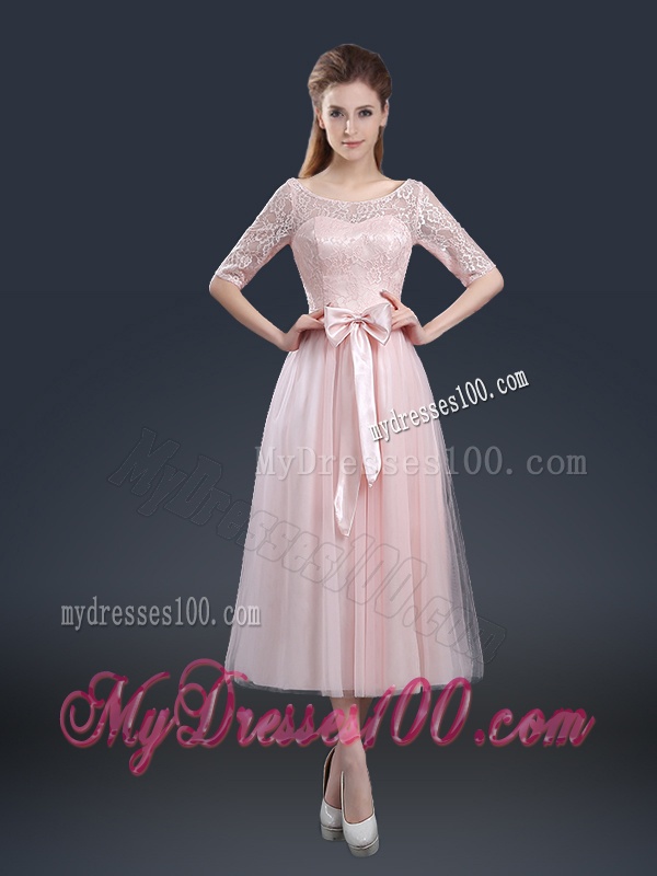 2016 Elegant Tea Length Evening Dresses with Lace and Bowknot