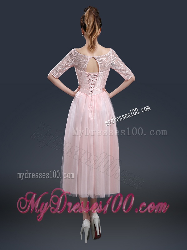 2016 Elegant Tea Length Evening Dresses with Lace and Bowknot