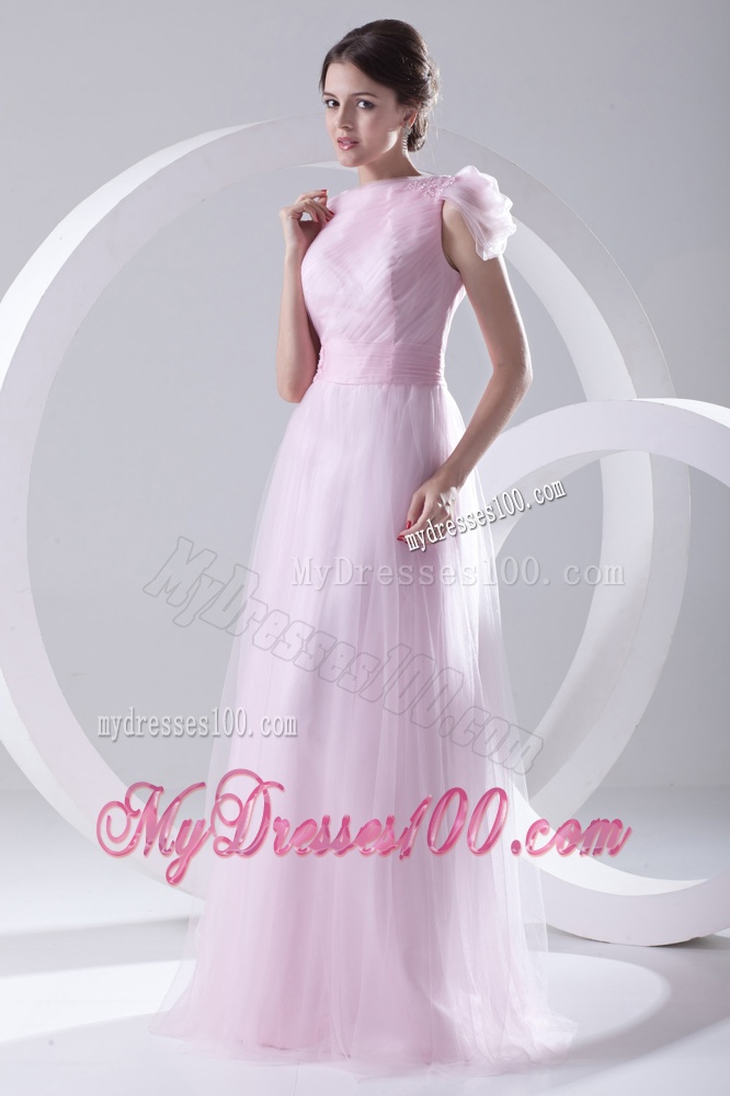 A-line Bateau Sashes and Ruching Evening Dress in Baby Pink