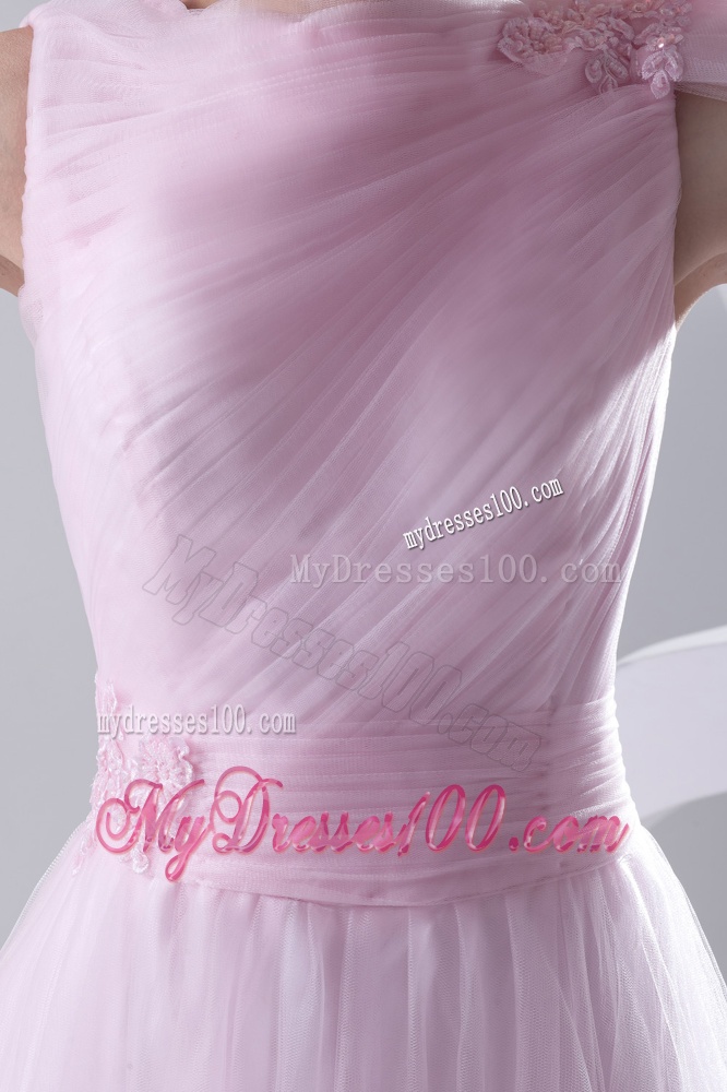 A-line Bateau Sashes and Ruching Evening Dress in Baby Pink