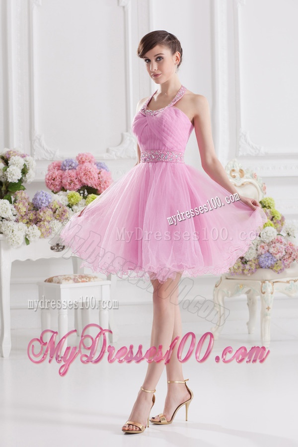 A-line Halter Top Pink Evening Dress with Ruching and Beading